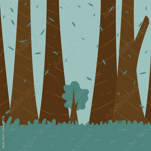 Small tree standing among tall trunks in a stylized forest with falling leaves.