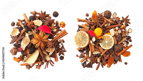 Two piles of mulled wine spices. Star anise, cinnamon, dried citrus, and peppercorns, for adding to hot drinks.