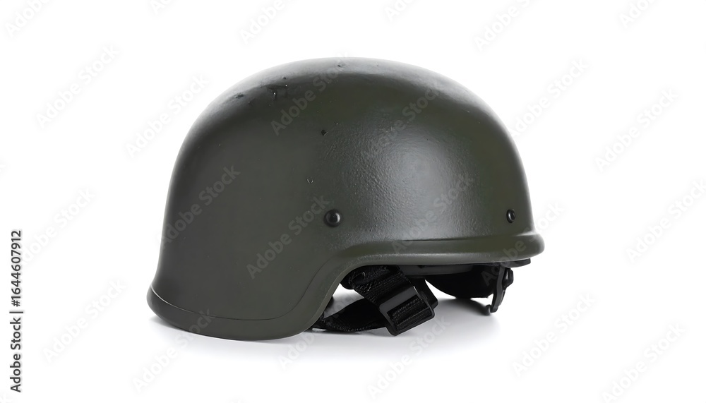 Fototapeta premium Olive drab tactical helmet with adjustable chin strap on a clean white background for visual