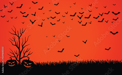 scary red sky with pumpkins and bats halloween background