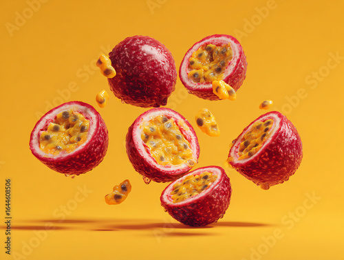 Juicy Vibrant Passionfruit Sliced Splashing Citrus Exotic Colorful Natural Macro Texture Ripe Sweet Pulpy Fresh Yellow Nutritious Floating Drops Healthy 