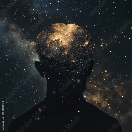 a human silhouette with brain area replaced by a galaxy of stars and nebulae illustrating infinite ideas and creativity