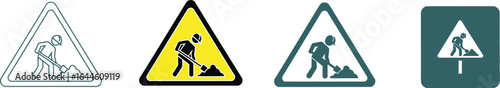 Four variations of a triangular road work ahead warning sign depicting a worker digging.