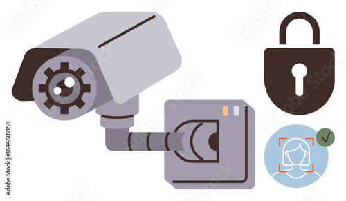 Security camera, padlock, and biometric face verification icon illustrating monitoring, data protection, and access control. Ideal for technology, cybersecurity, privacy, smart systems digital