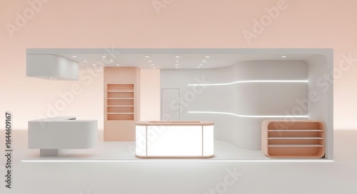 Modern Minimalist Trade Show Booth Design with Soft Pink Accents and Integrated Lighting