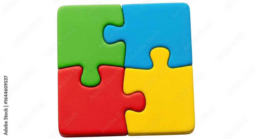 Obraz premium Four colorful puzzle pieces connected together isolated on transparent background