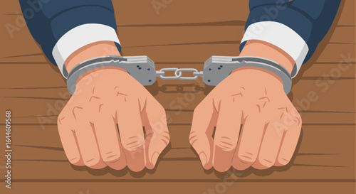 A businessman's hands cuffed in shiny metal handcuffs on a wooden table showing consequences