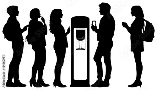 silhouette of group chatting near water dispenser