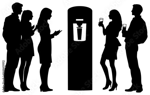 silhouette of group chatting near water dispenser