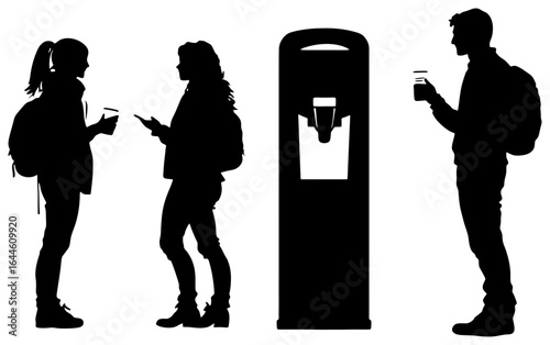 silhouette of group chatting near water dispenser