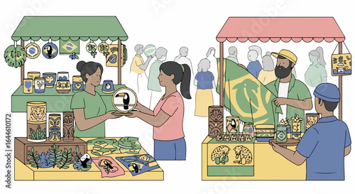Vibrant market scene showcasing Brazilian culture and crafts with diverse shoppers interacting.