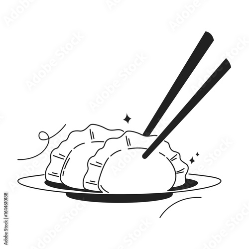 Minimal line art of dumplings on a plate being picked up with chopsticks.