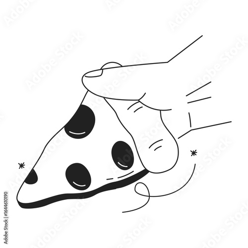Simple line art illustration of a hand holding a cheesy pizza slice.