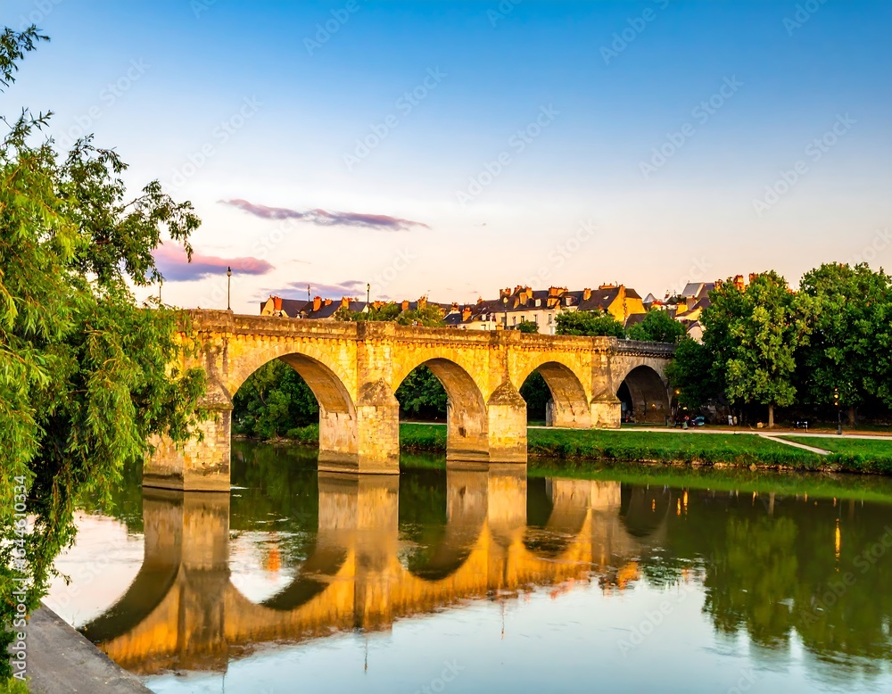 Fototapeta premium A stone bridge reflects in a calm river at sunset
