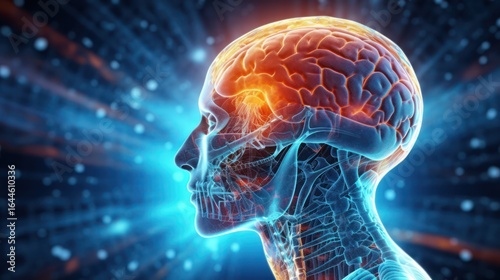 A human head with a glowing brain, set against a blue and white gradient background with a starry sky.