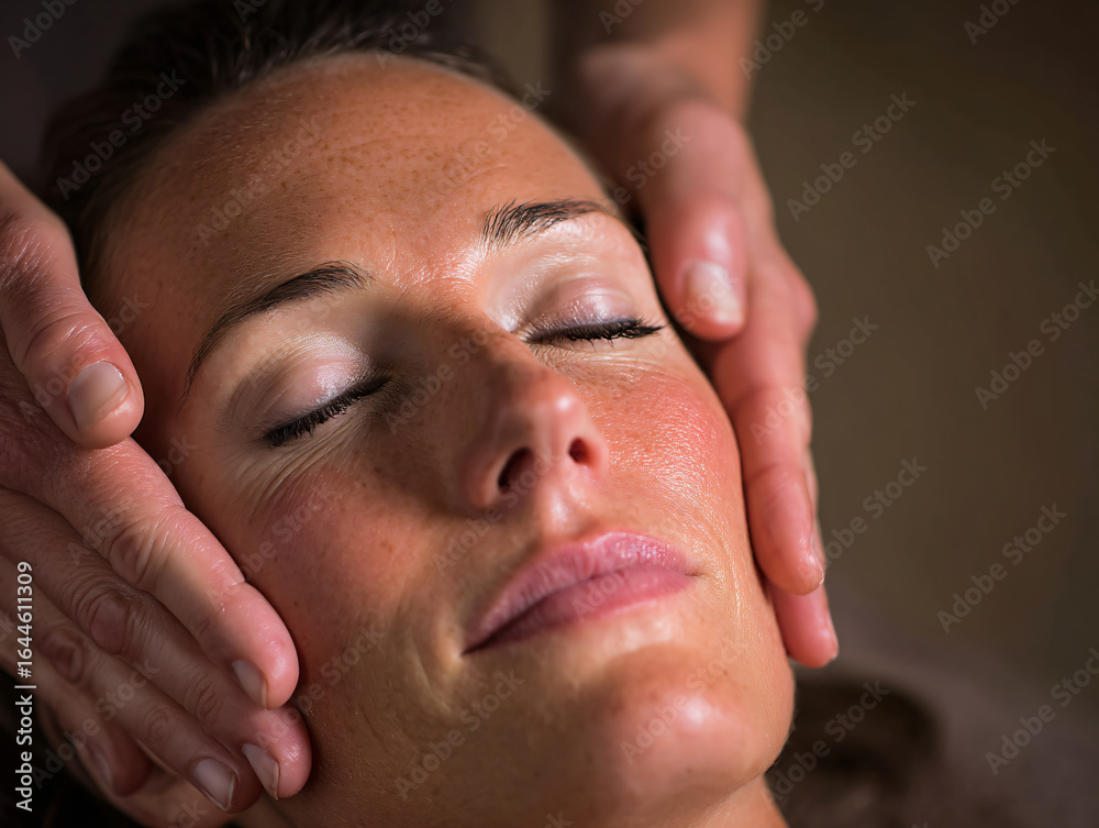Obraz premium Massage Relaxation Beauty Wellness Skincare Facial Therapy Tranquil Calm Selfcare Rejuvenation Tender Peaceful Woman Hands Blissful Harmony Stress Soothing Happiness Comfort Bodycare Tranquility