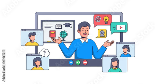 Engaging Online Learning Vector Illustration of a Virtual Classroom Setting with Students and Instructor