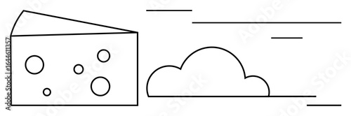 Cheese wedge with holes and puffy cloud connected by dynamic motion lines. Ideal for food, creativity, imagination, speed, lightness, innovation, surrealism. Simple flat metaphor