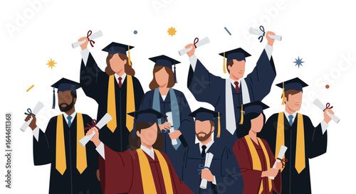 Happy group of diverse graduates in caps and gowns celebrating at a commencement ceremony with diplomas. Vector illustration.