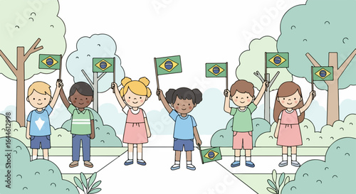 Joyful children proudly waving Brazilian flags in a park celebrating national pride and unity