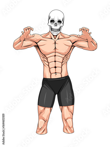 Vector graphic illustration of a sixpack man wearing a skull mask isolated on a white background suitable for Halloween themed designs