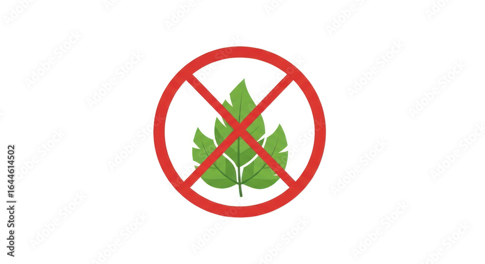 Obraz premium A simple graphic icon showing a green leaf banned within a red prohibition symbol.