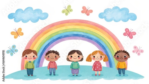 Diverse Children Standing Under Colorful Rainbow With Butterflies And Clouds diversity multicultural