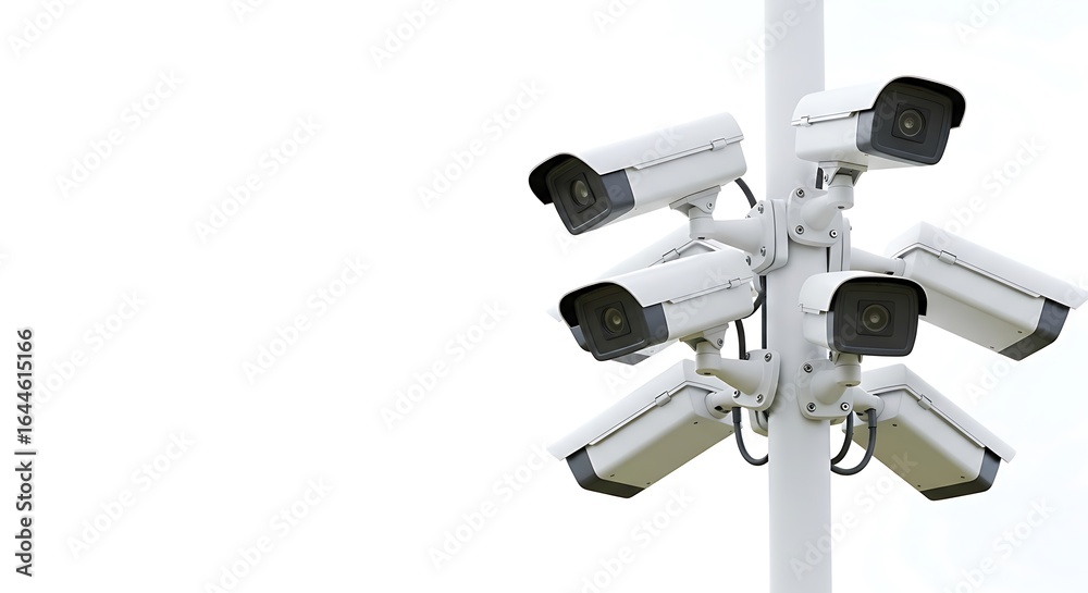 Multiple security cameras mounted on a pole, surveillance system Multiple security cameras mounted on a pole, surveillance system