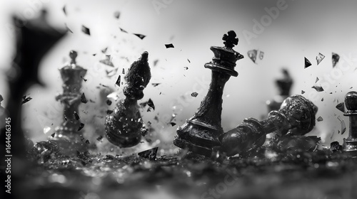 Black and white chess pieces shattering in dramatic slow motion, symbolizing defeat, strategy collapse, and intense competition

