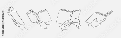 Set continuous one line drawing of hands holding book. Education, reading concept. Editable vector illustration.
