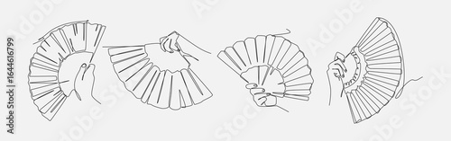 Set continuous one line drawing of hands holding traditional hand fan. Editable vector illustration.