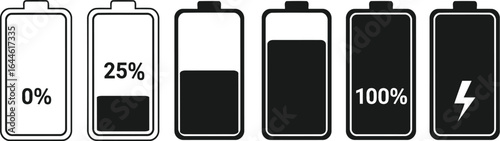 Six battery icons showing different charge levels, from empty (0%) to full (100%) and charging.