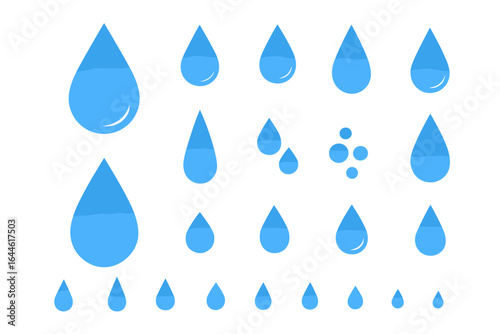 Blue water drop vector icon set. Collection of various flat design droplet shapes and sizes. Clean liquid, aqua, and rain tear shapes. Abstract graphic element illustration.