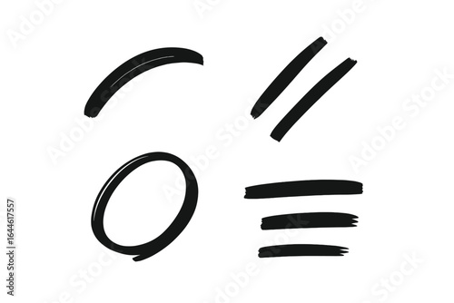 Black marker brush strokes set. Hand drawn highlighter lines, underline stripes, and scribble circle for emphasis. Abstract vector graphic elements for design and annotation.