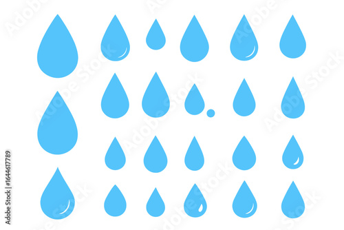 Blue water drop vector icon set. Collection of liquid droplet shapes. Simple flat rain or tear graphic. Clean aqua concept for eco design, abstract pattern, fresh theme.