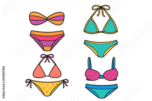Colorful bikini vector set for summer beachwear design. Collection of isolated female swimsuits. Woman swimwear fashion illustration. Different types of two-piece swimsuits.