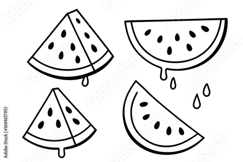 Watermelon slices vector icon set. Juicy summer fruit illustration. Fresh melon pieces with seeds and drips. Black and white line art, doodle, or coloring page element.