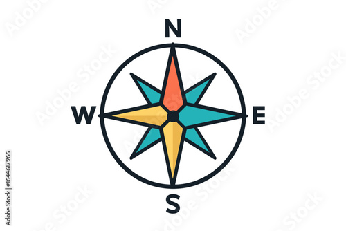 Colorful compass icon for navigation and direction. Vector illustration of a wind rose symbol for travel, adventure, and exploration. Marine and nautical journey concept.