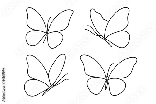Set of four butterfly outlines in a continuous one-line drawing style. Elegant and delicate minimalist insect icon collection for spring and summer themes. Simple vector art.
