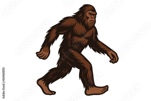 Bigfoot walking vector illustration. Sasquatch, mythical legendary creature from folklore. Hairy monster ape-man mascot icon isolated on transparent background. Engraving.
