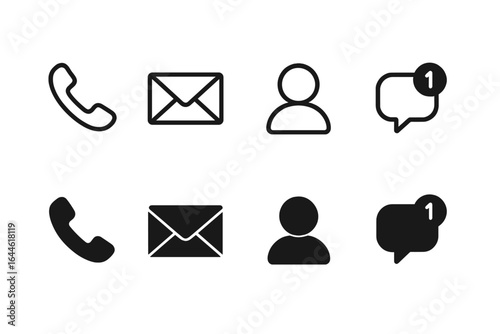 Vector contact icon set with phone, email, and user profile symbols. Communication icons for web and mobile app UI design, including message notification bubble.