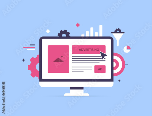 Online ad management concept showing computer monitor, advertising banners, charts and gears. Online ad management for digital marketing and media advertising strategy flat modern design illustration