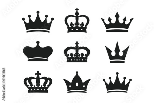 Crown silhouette vector set. Royal crowns icon collection. King, queen, prince symbol of royalty, luxury, and power. Majestic monarchy heraldic logo element illustration.