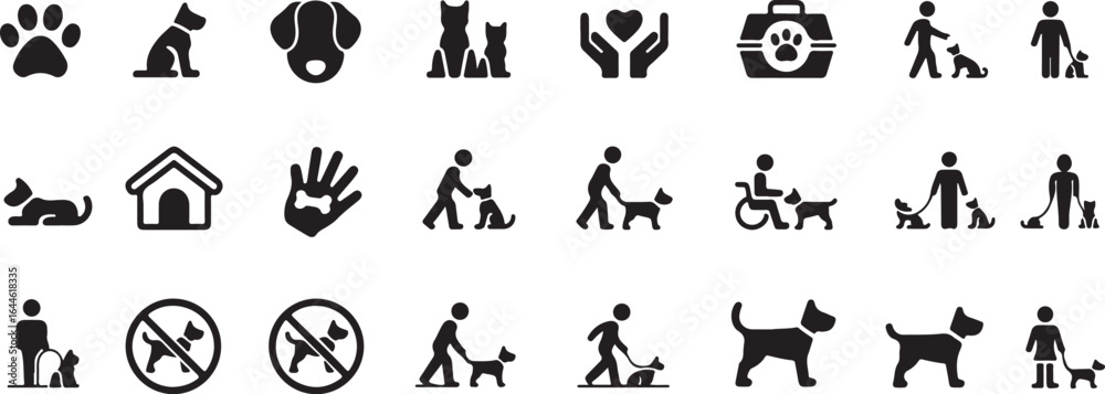 Naklejka premium Vector glyph pictograms of dog, cat, paw print, carrier, veterinary care, adoption, training black silhouette illustration