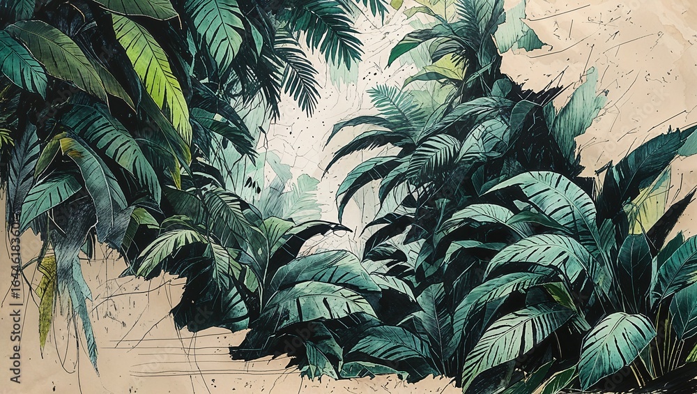 Dense jungle canopy texture, overlapping leaf silhouettes, chaotic etched layers Dense jungle canopy texture, overlapping leaf silhouettes, chaotic etched layers