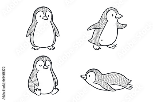 Cute penguin characters set. Hand-drawn doodle sketch collection of cartoon arctic animals in different poses. Vector line art illustration of funny baby penguins from Antarctica.