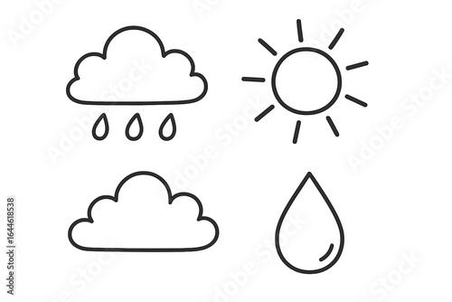 Doodle weather icon set vector illustration. Hand-drawn outline symbols of sun, cloud, rain, water drop. Simple climate forecast and meteorology graphic elements for apps.