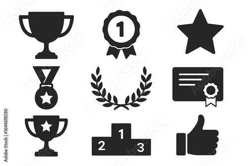 Award and Achievement Icons Set, Trophy Medal Ribbon Star Certificate Laurel Wreath Podium and Thumbs Up, Black Vector Illustration on White Background for Business and Success