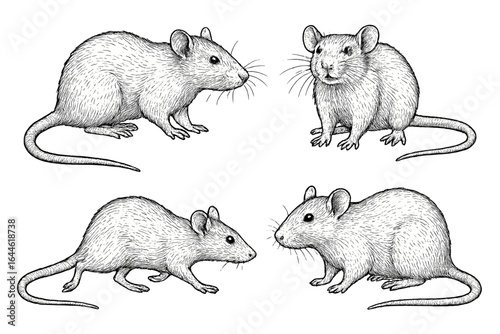 Set of realistic rat illustrations. Hand-drawn vintage engraving style sketch of rodents. Black and white isolated vector for biology, science, or pest control concepts.