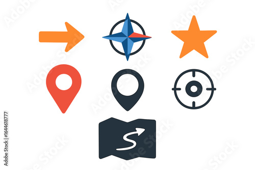 Navigation and location flat icon vector set. Compass, map pin, GPS marker, arrow, target, and star symbols for direction, route, and destination. UI UX design elements.